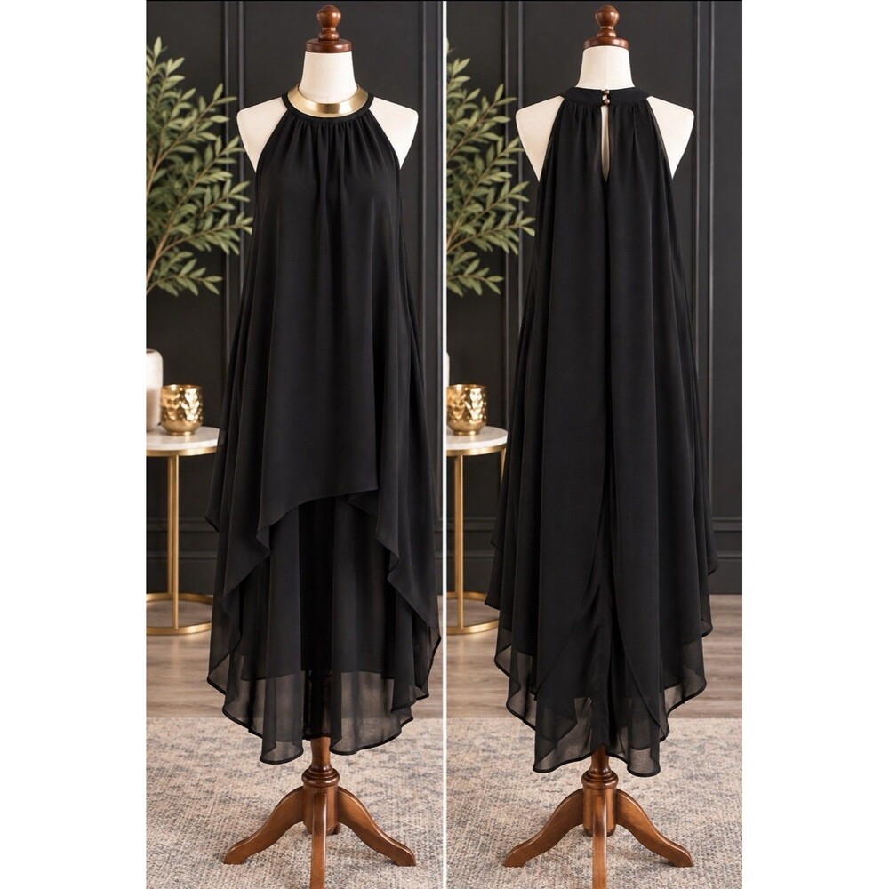 NWT Love J Women's Black Sleeveless Asymmetrical Dress Gold Choker Size Large